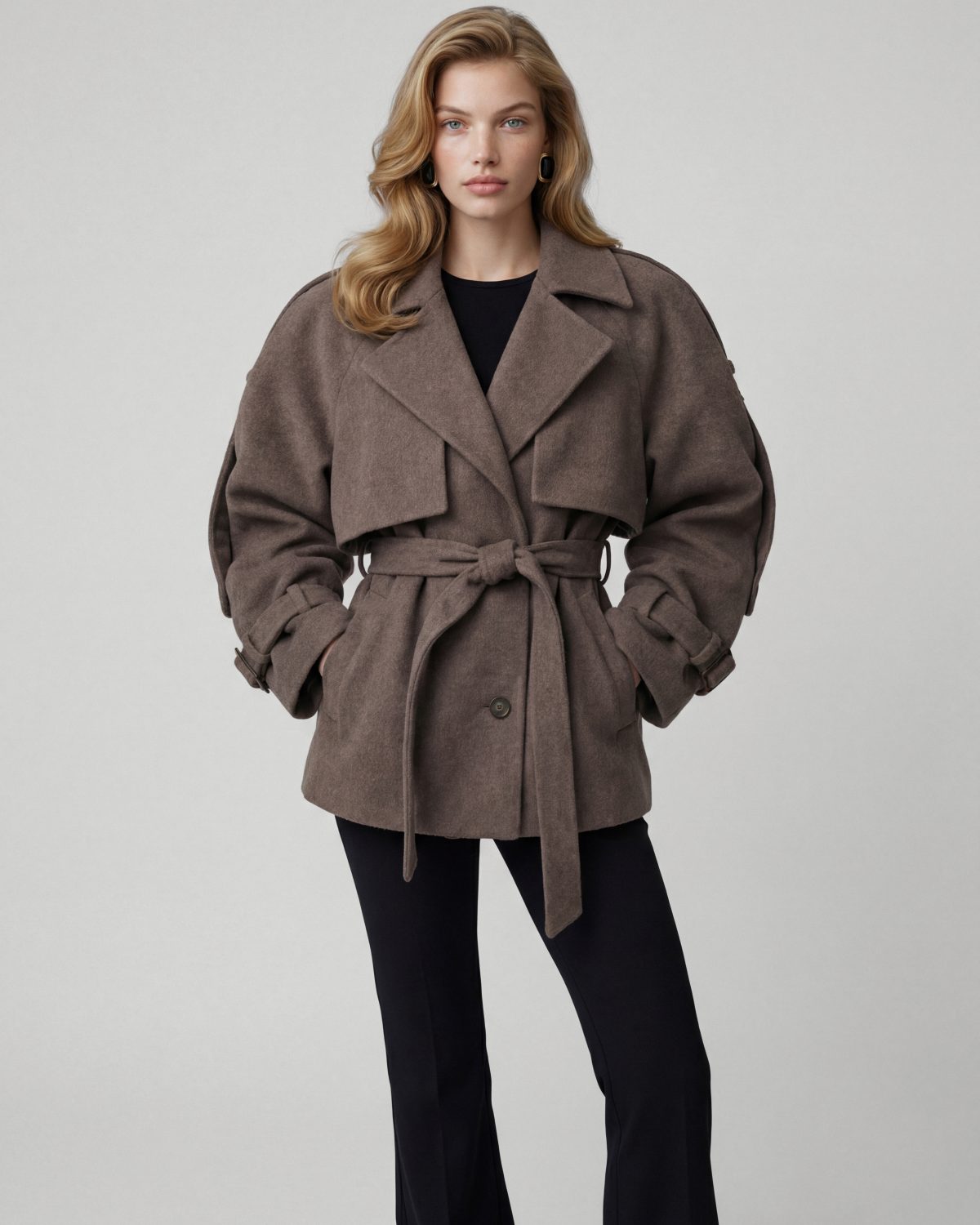 Девушка в укороченном пальто бушлат коричневого цвета