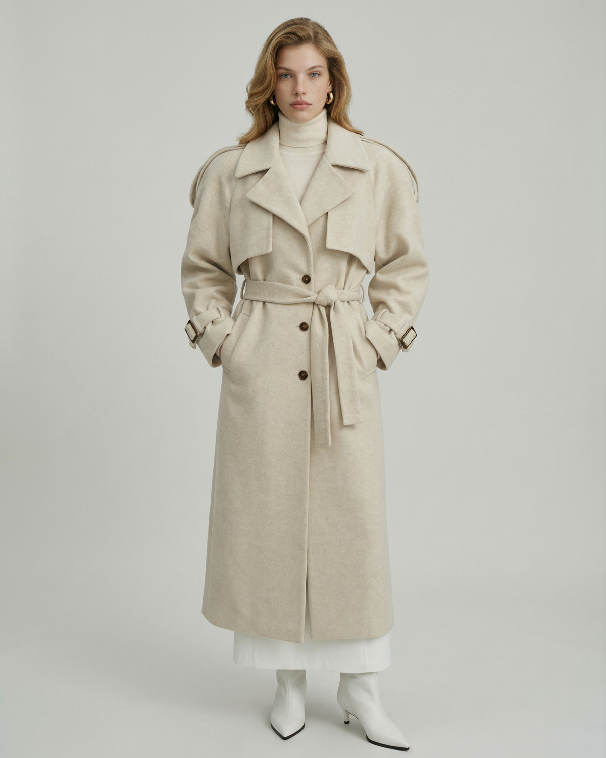 Девушка в пальто бушлат кремового цвета, женское пальто бушлат